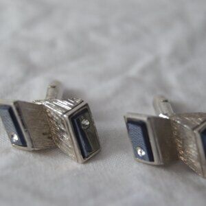 Unique Design Swank Cuff Links 4 Diamond Silver & Black Vintage